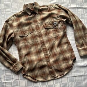 Wolverine Tan and Brown Plaid Button Down Flame Resistant Long Sleeve Shirt